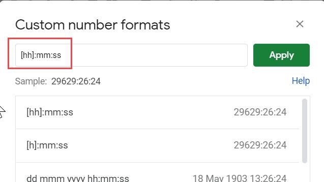 Cách chèn số giờ hơn 24 giờ trong Google Sheets
